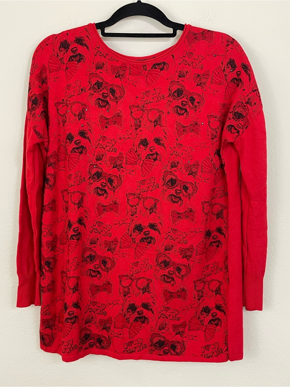 TRICOTTO “I Love My Yorkie” Dog Print Bling Crewneck Pullover Sweater Size XS